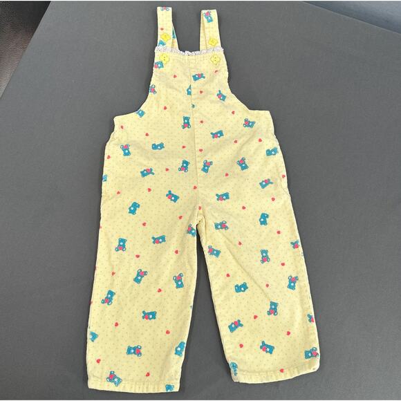 VTG Jet Set Baby Girl Corduroy Overalls 2T Yellow Blue Bears Hearts Ruffle 70s - Picture 1 of 16